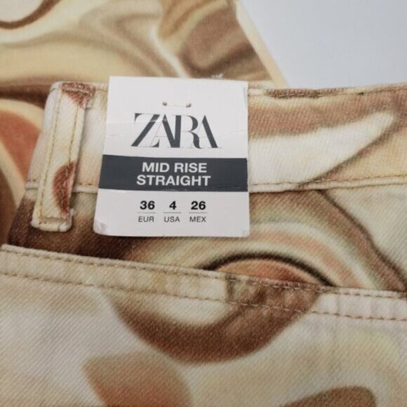 New Zara Mid Rise Straight Psychedelic Pattern Brown Tan Button Fly Denim Sz 4 - Picture 5 of 15
